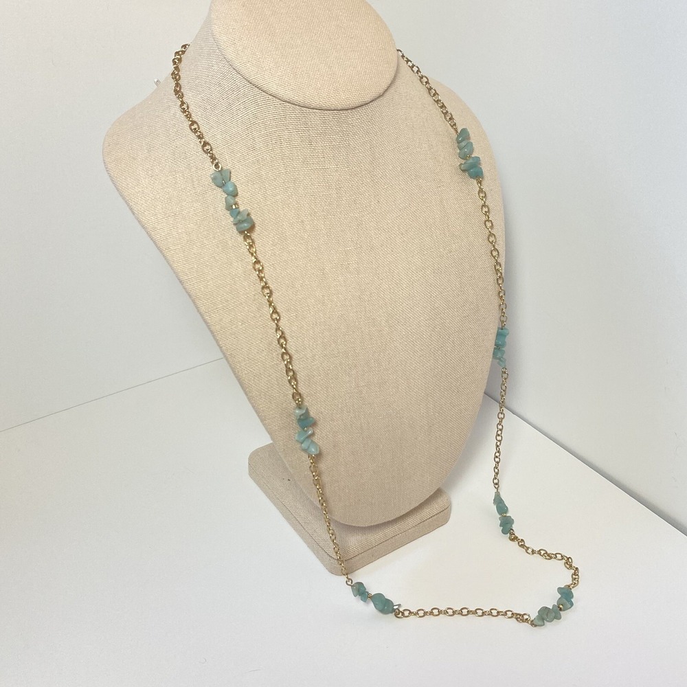 Blue Chalcedony Necklace Chip Silver Tone Long Station Chain Lobster Claw Clasp - Picture 3 of 9